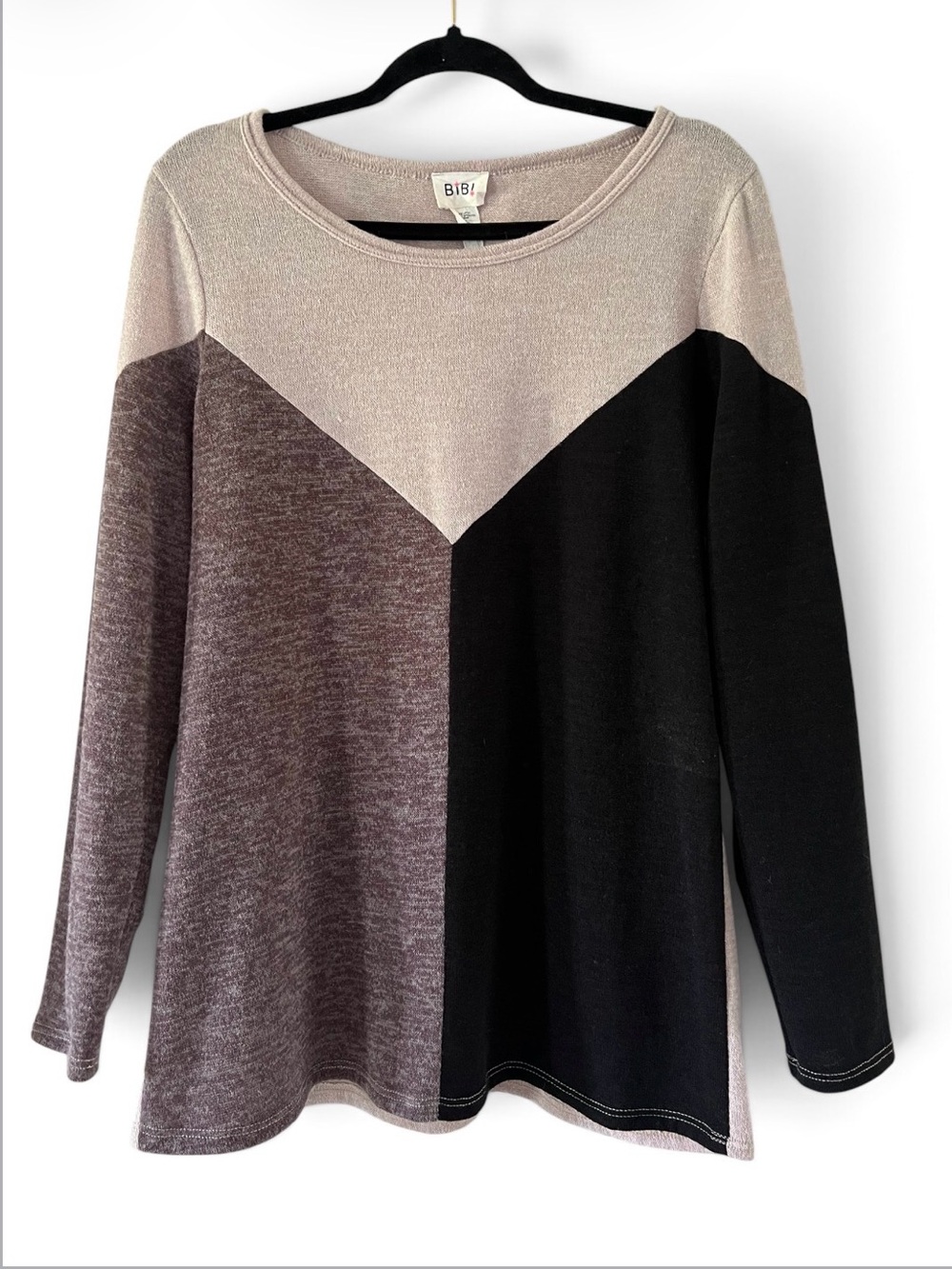 BiBi Colorblock Long Sleeve Top - Black, Taupe, Heather Brown